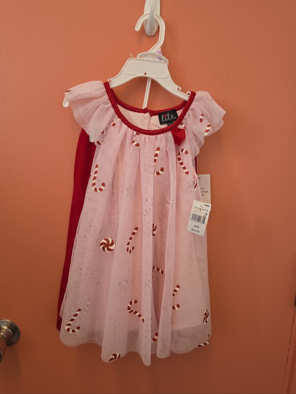 NWT Lilt Girls Sizs 24 Month Pink Tulle Christmas Candy Cane Dress With Leggings